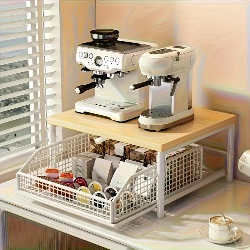TEMU Organizzatore per macchina da caff癡 salvaspazio da appoggio per cucina con e cestello in metallo - ripiano a in legno massello e metallo, per
