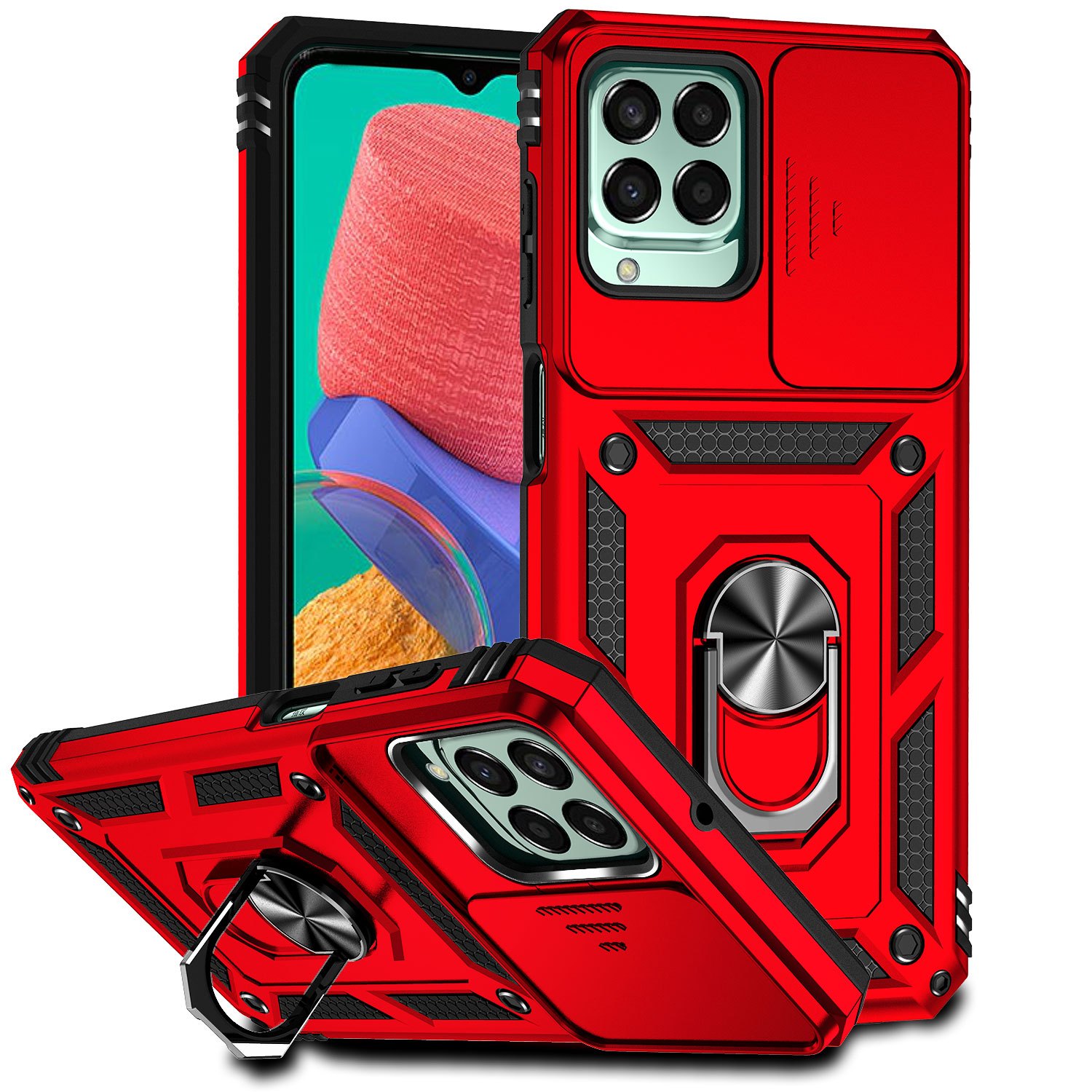 TEMU Shockproof Double Layer Metal Bracket Phone Case With Sliding Camera Cover For M02 M13 M23 M33 M53 J7 Prime Design