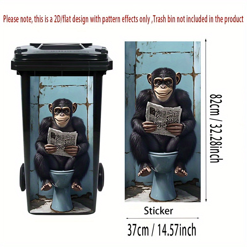 2d Flat Printing 1pc Trash Can Sticker 37×82cm Fun Gorilla Reading Theme Design Decorative Wallpaper Self-adhesive Kitchen Bin Decoration Suitable For Garbage Bins, Walls, Home Decor, 2d Flat