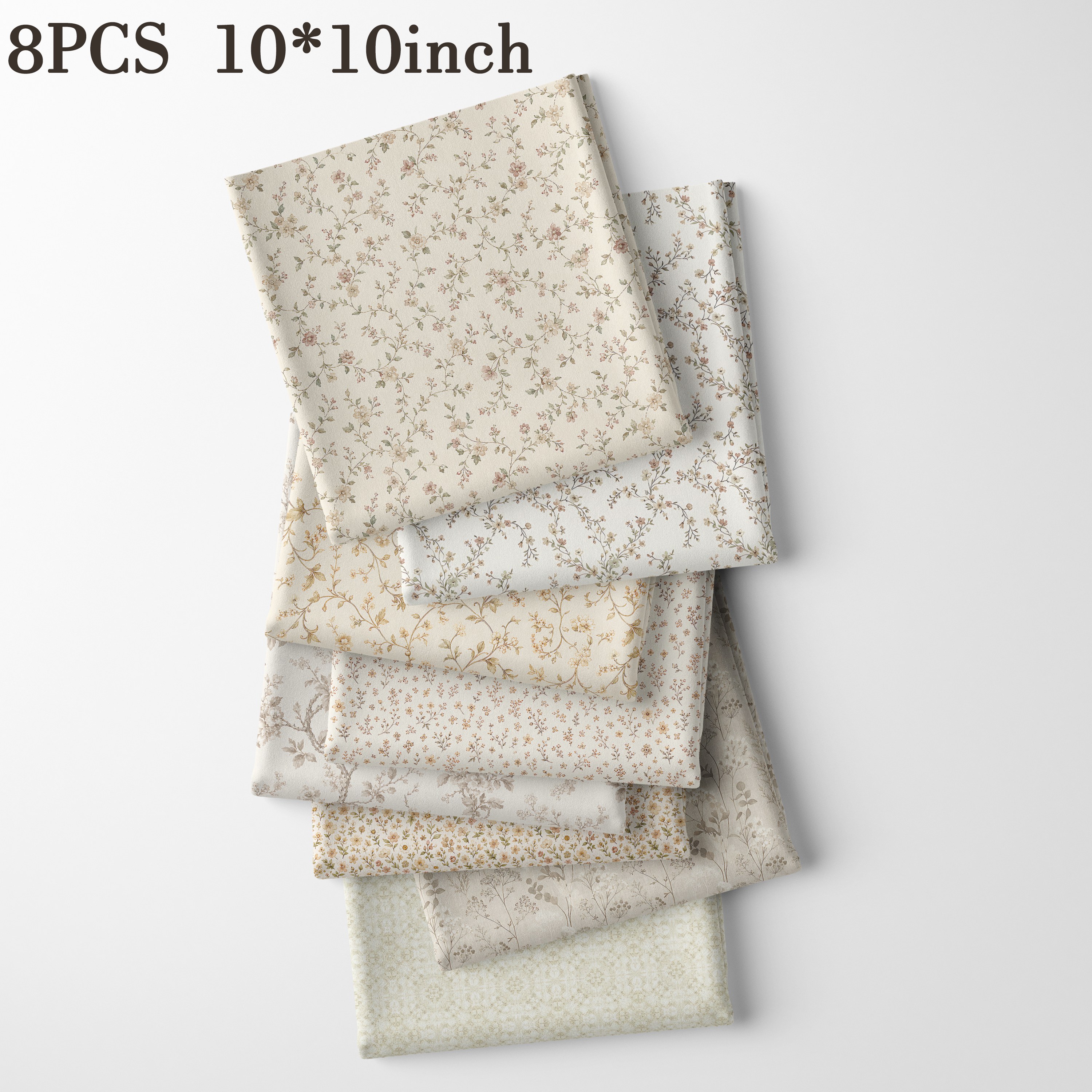 TEMU 8pcs 10" X 10" Light Beige Fine Retro Floral Branch Square Fabric, Covered With Delicate Floral Vines, Dense Small Flowers, And Branch Patterns,