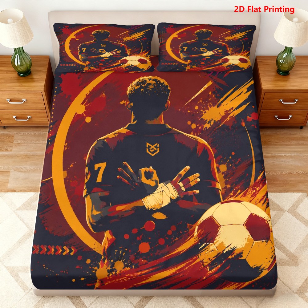 item picture 3pcs soccer player silhouette fitted sheet 3pcs set 1 fitted sheet 2 pillowcases   sports theme artistic bedding mattress protector soft breathable 2d flat print only 2d flat
