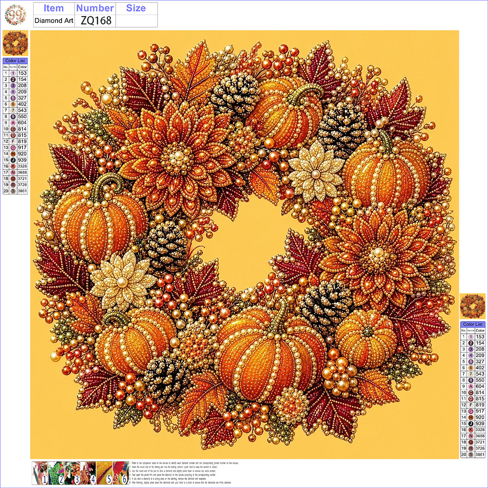 TEMU Diy Pearl Art Painting Kit - Pumpkin And Chrysanthemum Wreath Pattern, Includes Round Pearls, Shiny Gems, Clear Symbols, Full Set Of Tools, And