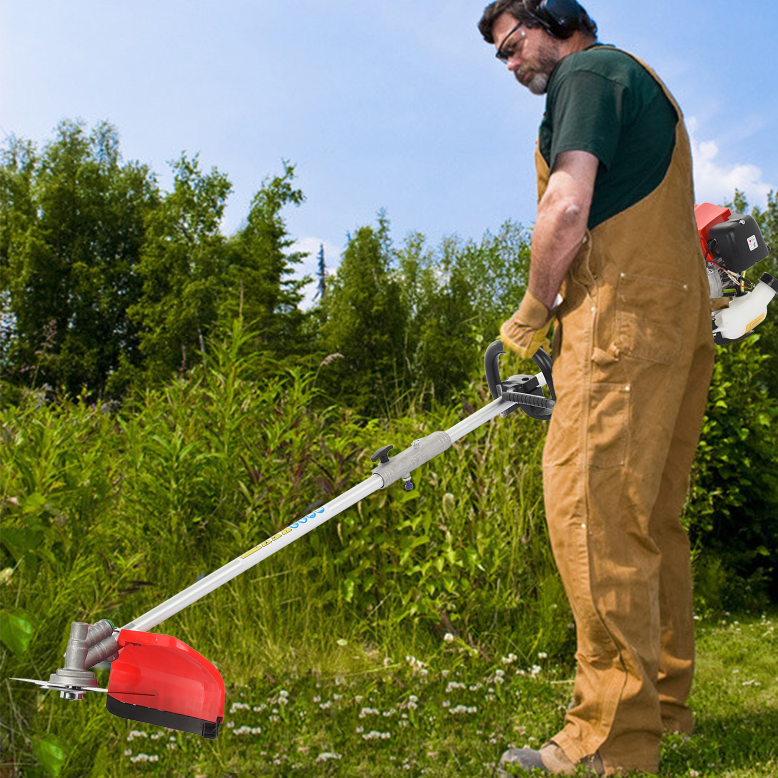52cc heavy-duty   gas- lawn mower with  ,   lawn mower, hedge cutter, brush cutter, soil   &   - large 180.01cm width,   machine for residential & commercial use, compact storage design, handlebar & features, ideal for lawns, hedges, brush, soil, and trenching Product details 6