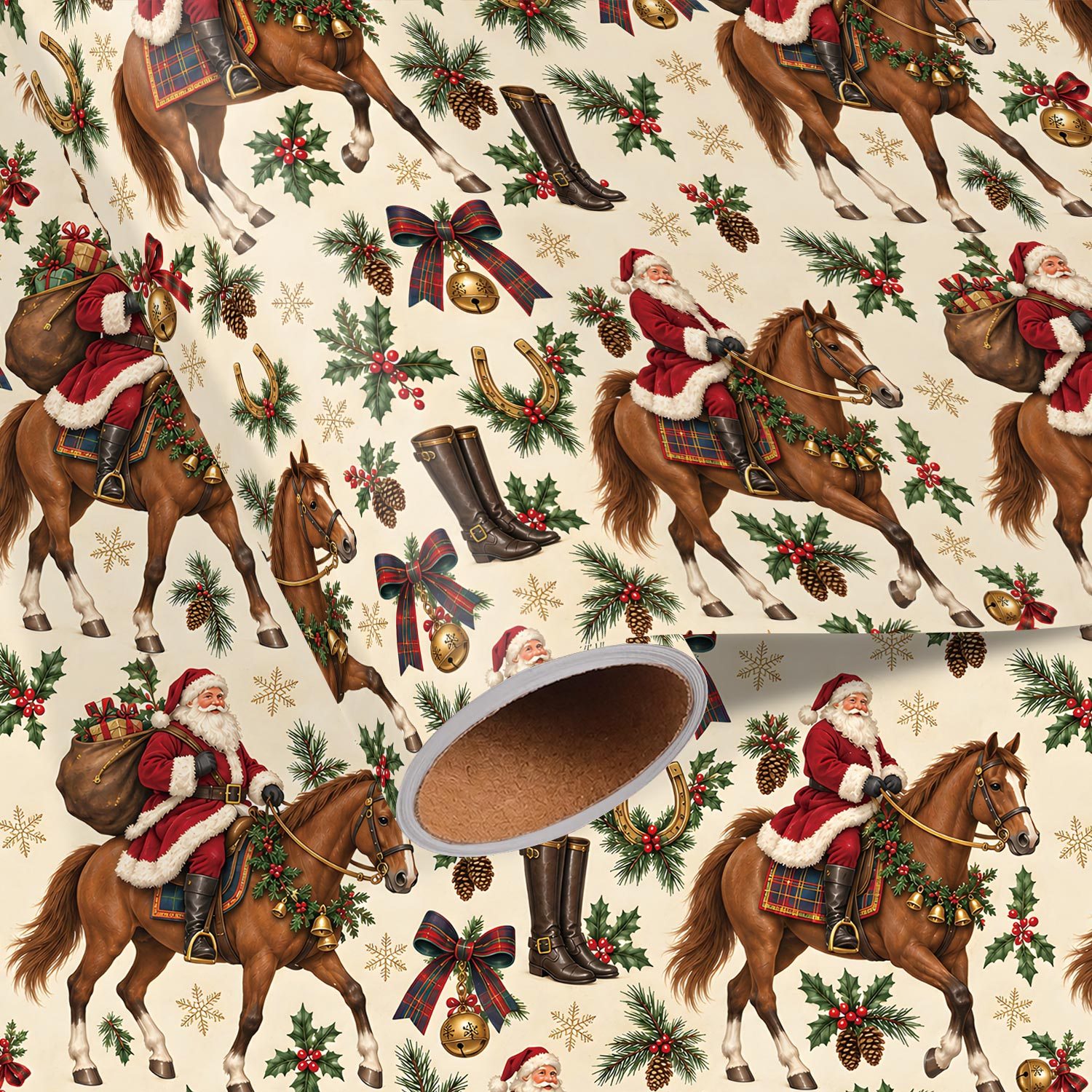 TEMU Rouleau de papier cadeau de Noël Père Noël sur cheval - 17,7 pouces X 118 pouces, papier d'emballage cadeau de fête vintage avec Père Noël à