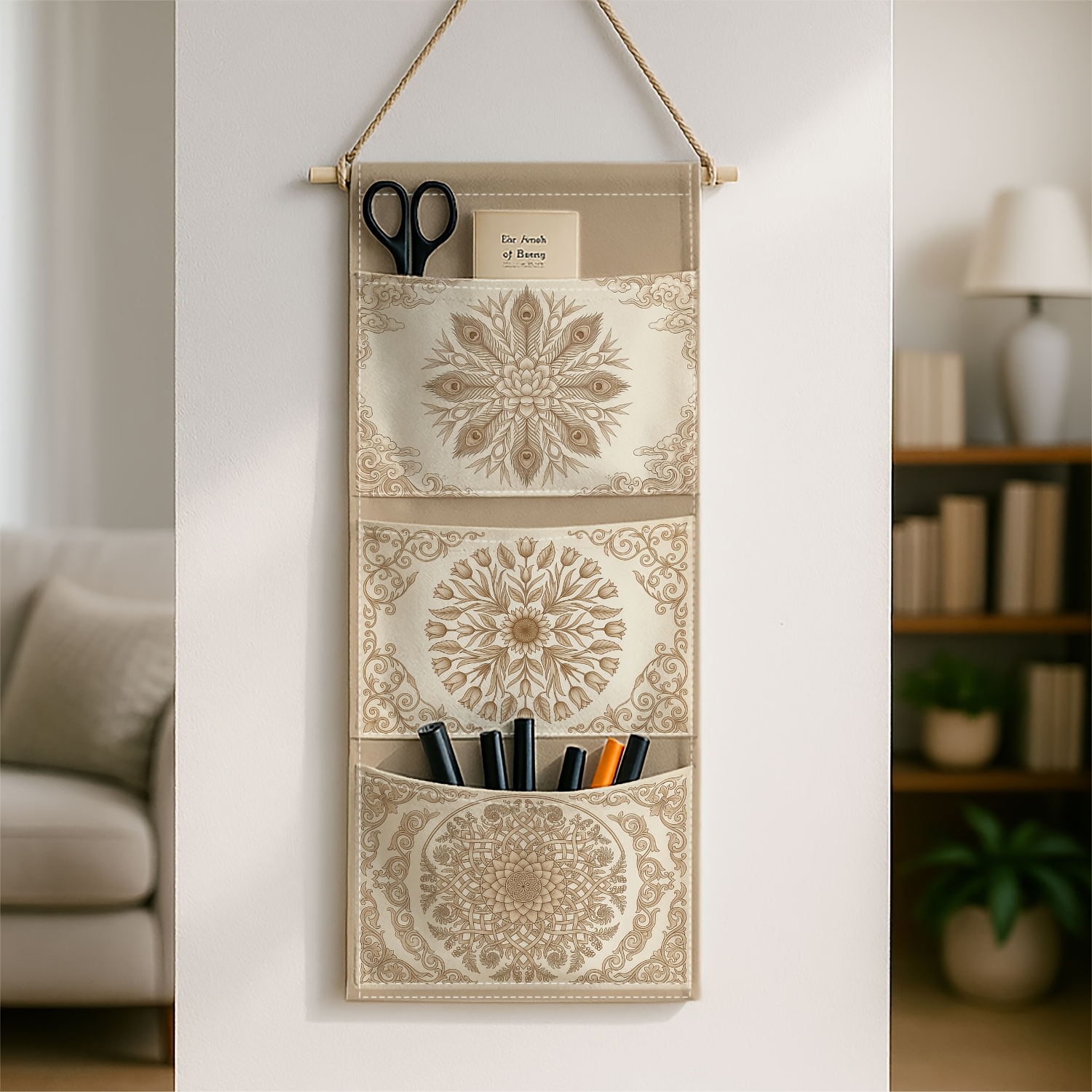 TEMU 2d Flat Printing 1pc Mandala Floral Practical Storage Solution, Beige Vintage Design, Fabric Hanging Organizer, Ideal For Additions, Tableware,