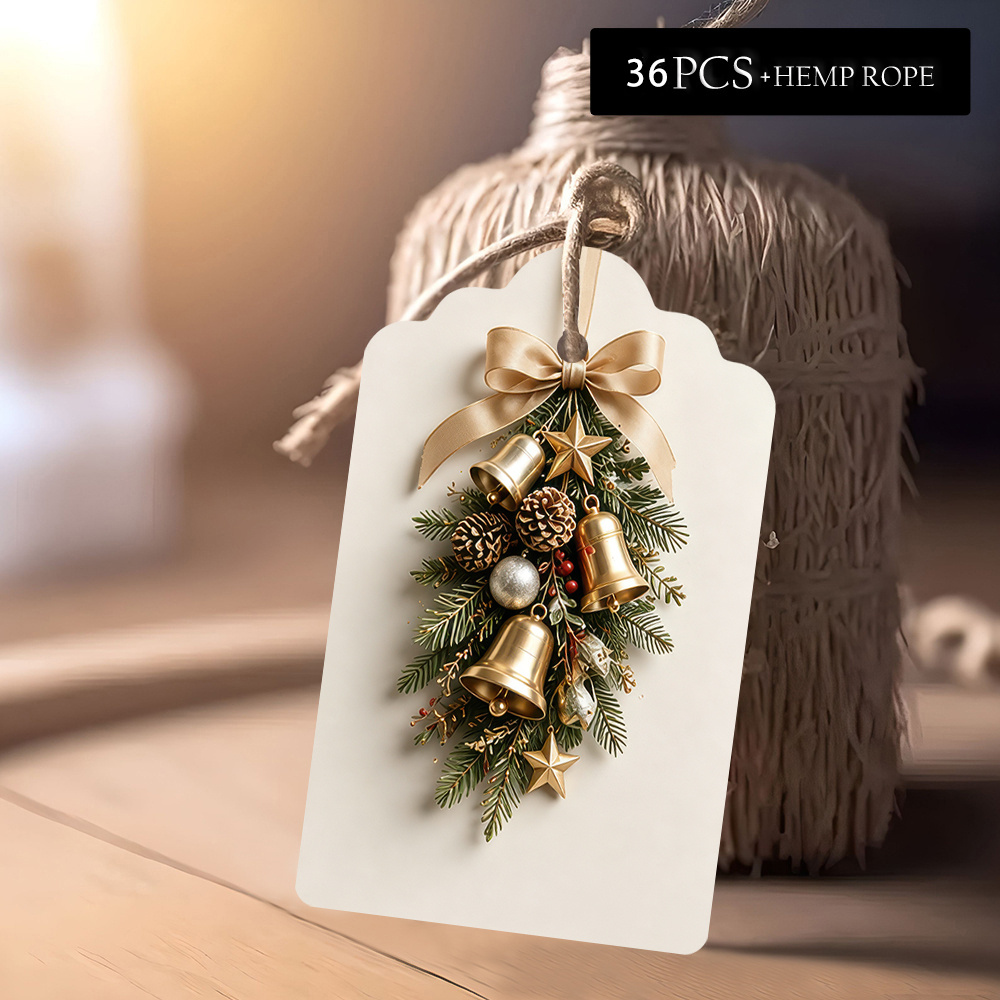 TEMU 36pcs Merry Theme Tags With Jute Rope, Featuring Evergreen Decorated With Metallic Bells, Pine Cones, Spherical Ornaments, And Fabric Bows With