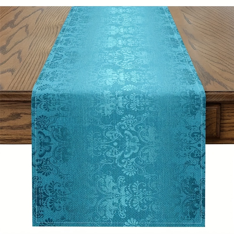 TEMU 1pc Bohemian Style Table Runner - Turquoise Blue Exotic Animals And Floral Pattern, Durable Polyester Rectangular Tablecloth, Suitable For