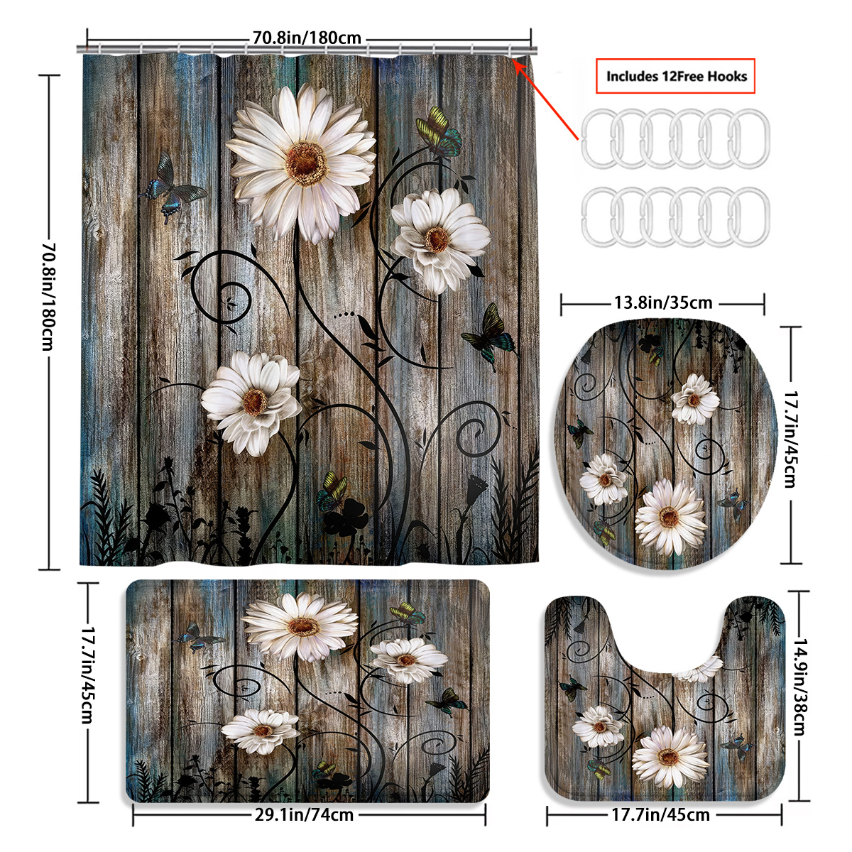 TEMU 4pcs Vintage Painting Shower Curtain Decoration, Beautiful Disguise Gift Decoration, Waterproof Shower Curtain And Bathroom Mat Three-piece Set, 12 Shower Curtain Hooks