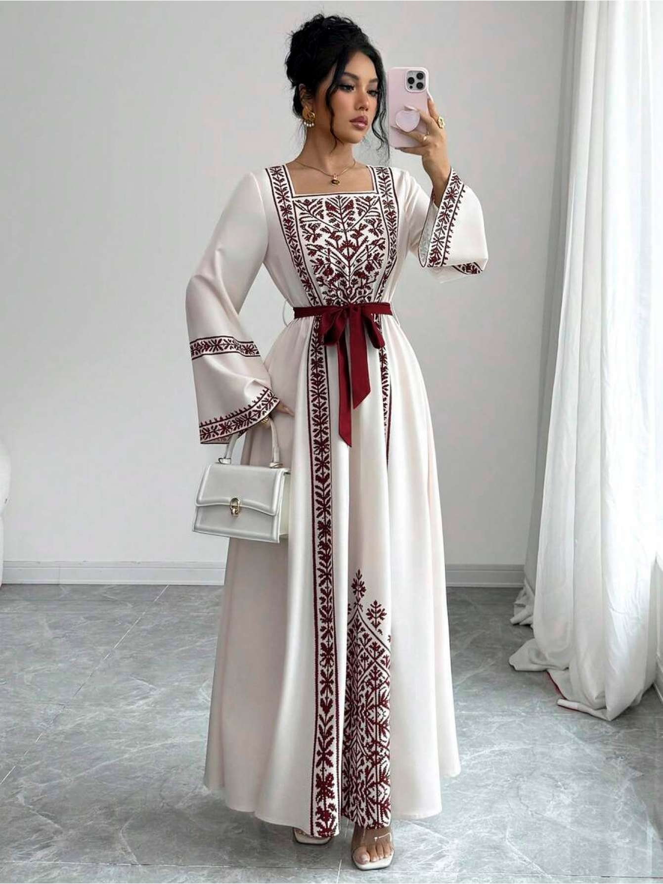 White Embroidered Maxi Dress with Burgundy Embroidery & Belt