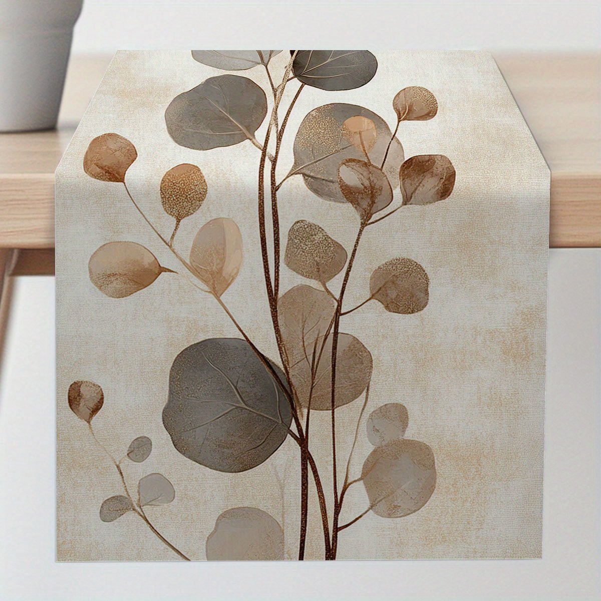 1pc Modern Minimalist Table Runner With Brown Leaf Print - Elegant Brown & Golden Rectangular Table Decor Suitable For Dining Table, Wedding,, Valentine's Day - Fabric