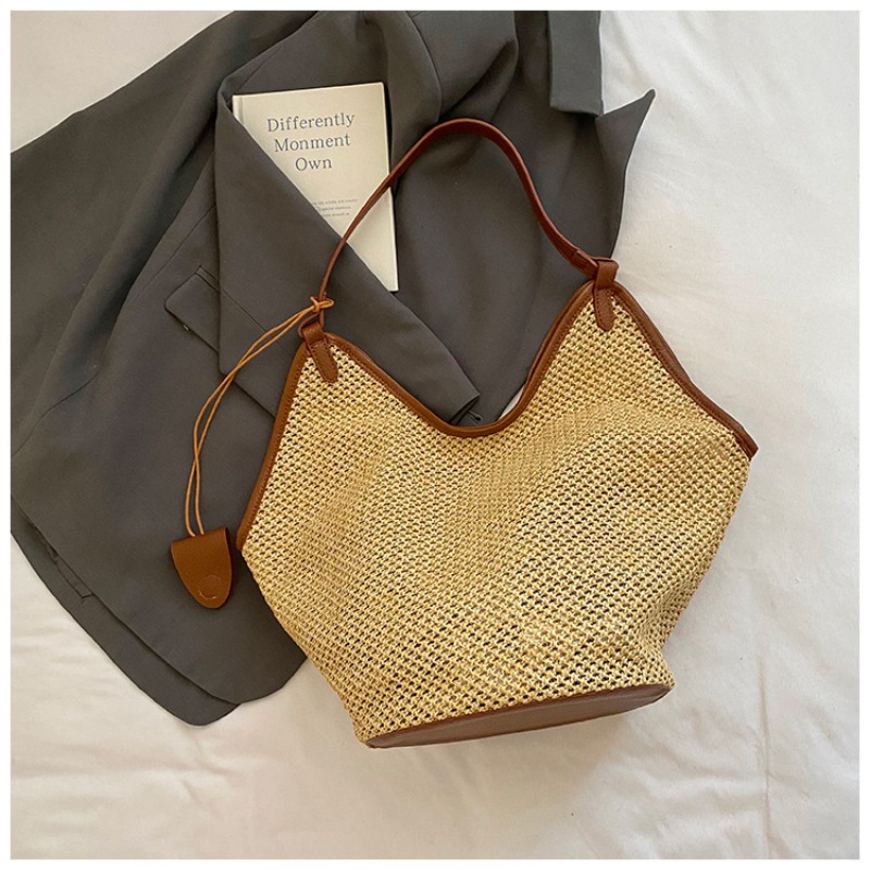 TEMU Neue Sommer-Stile Damen-Strohgeflecht-, modische Nischen-Einkaufs-Tragetaschen mit einem Schulterriemen, Eimer-, Strandtaschen für die Küste,