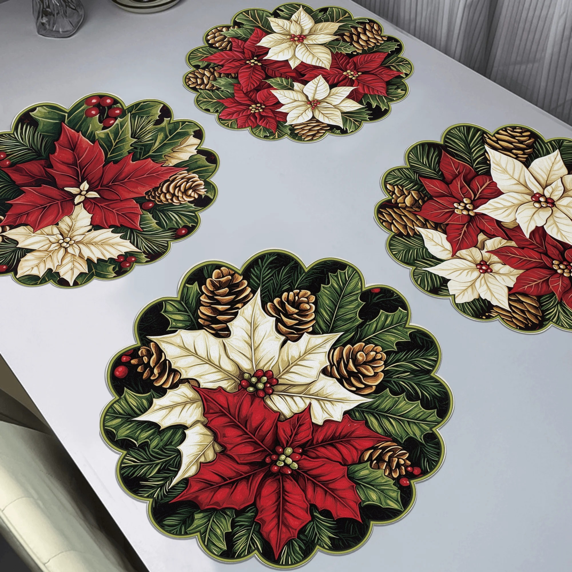 

4-pack Poinsettia & Pine Cones Placemats, 15" Round Woven Polyester Table Mats, Non-slip, Heat Resistant, Hand Wash Only, Winter Dining & Party Decor