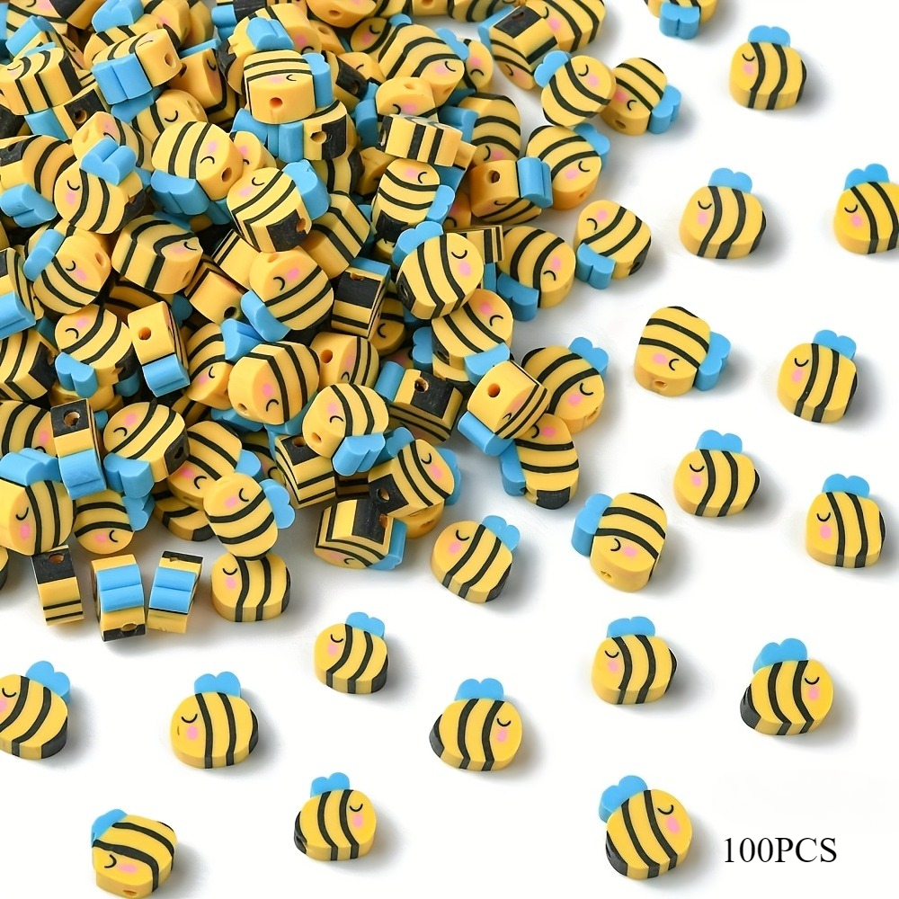 TEMU 100 Perles d'Espacement en Pâte Polymère Mignonnes Abeille Cartoon - Pâte Douce en Jaune et Noir avec Accents Roses, Parfaites pour Bracelets