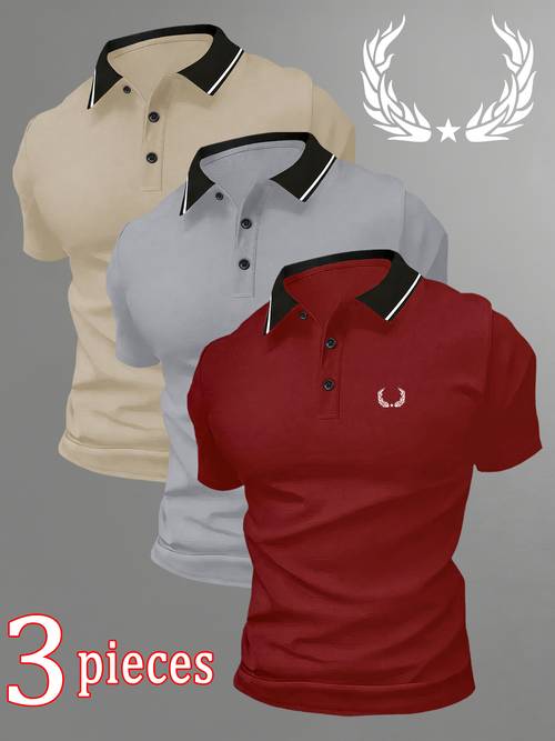 item picture 3pcs wheat ear pattern mens outdoor golf equestrian casual shirt with short sleeves mature mens business casual breathable comfortable and quick drying suitable for spring and summer as an inner or outer layer