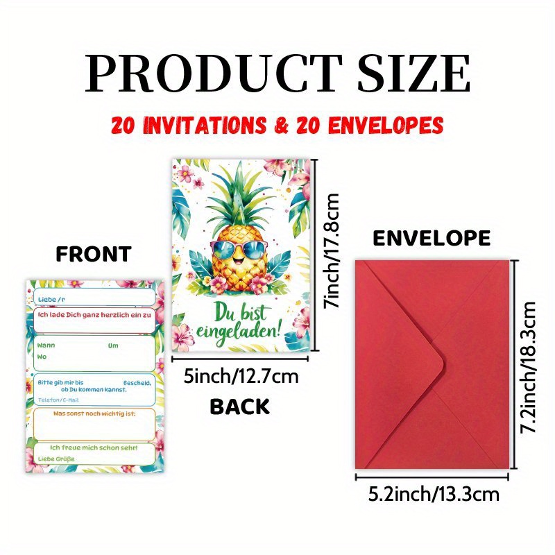 Image of Invitations Letter 20 Cards And 20 Envelopes, Summer Pineapple German Party - Milestone Birthday Party Cards, Congrats Invites Friend Reunion Graduate Celebrations & Decorations