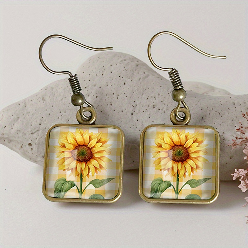 TEMU 1 Pair A Sunflower Square Earring Retro Glass Dangle Earrings Handmade Jewelry Gift