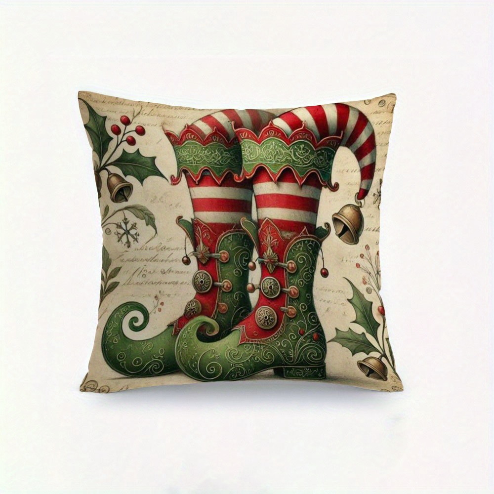 TEMU 1pc Festive Christmas Boot Design Throw Pillow Cover, 45cm X 45cm, Double-sided Short Plush Polyester With Zipper Closure, Machine Washable, No