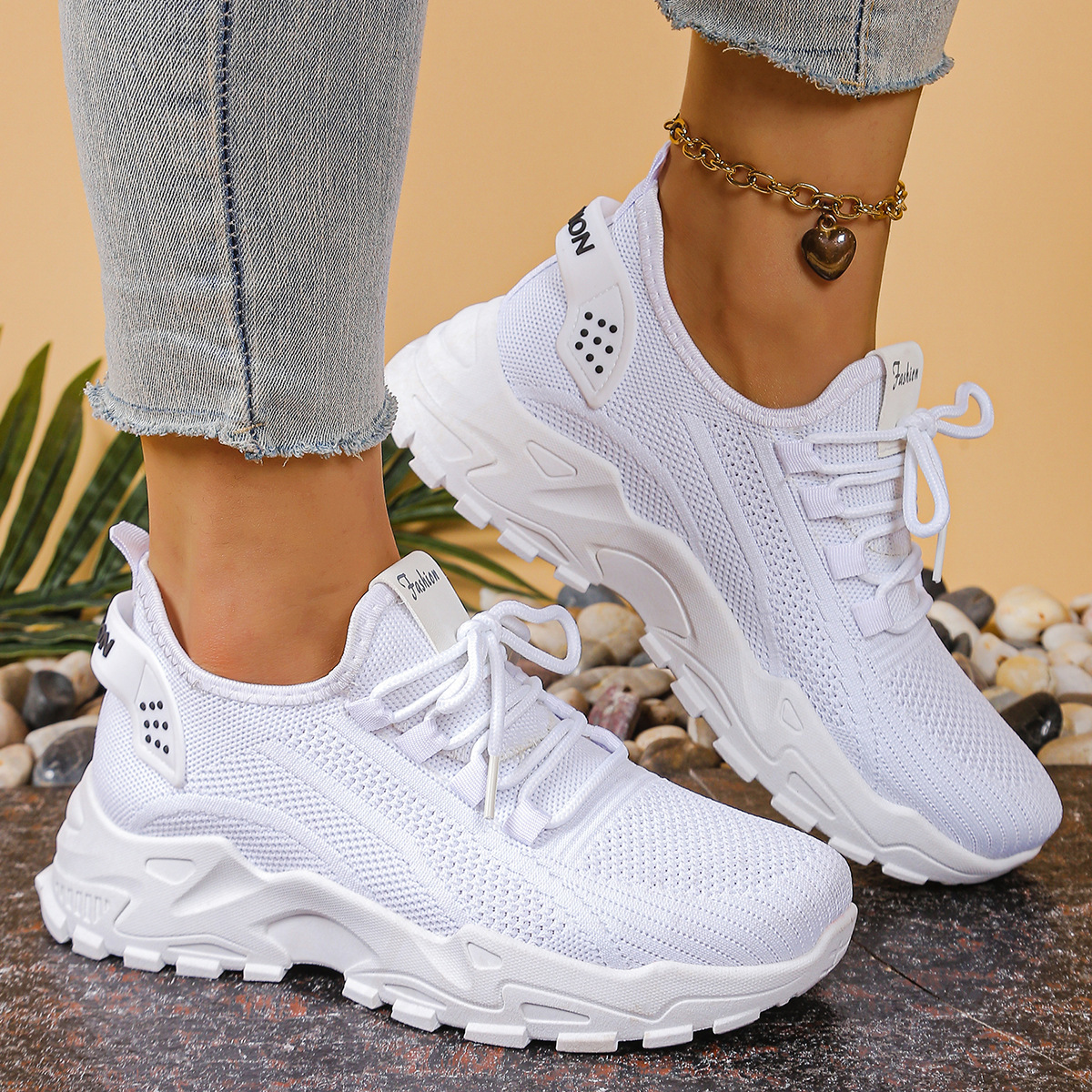 Image of Women's Breathable Knit Sneakers - Wide Width Lace-up Sneakers With Arch & Stable Sole, Cushioned Outsole Suitable For Walking,, Gym, Casual Wear, - Fitness Footwear