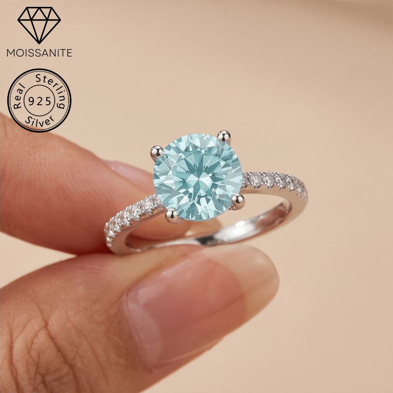1/2/3/5 Carat 925 Silver Light Blue Moissanite Four-Claw Ring