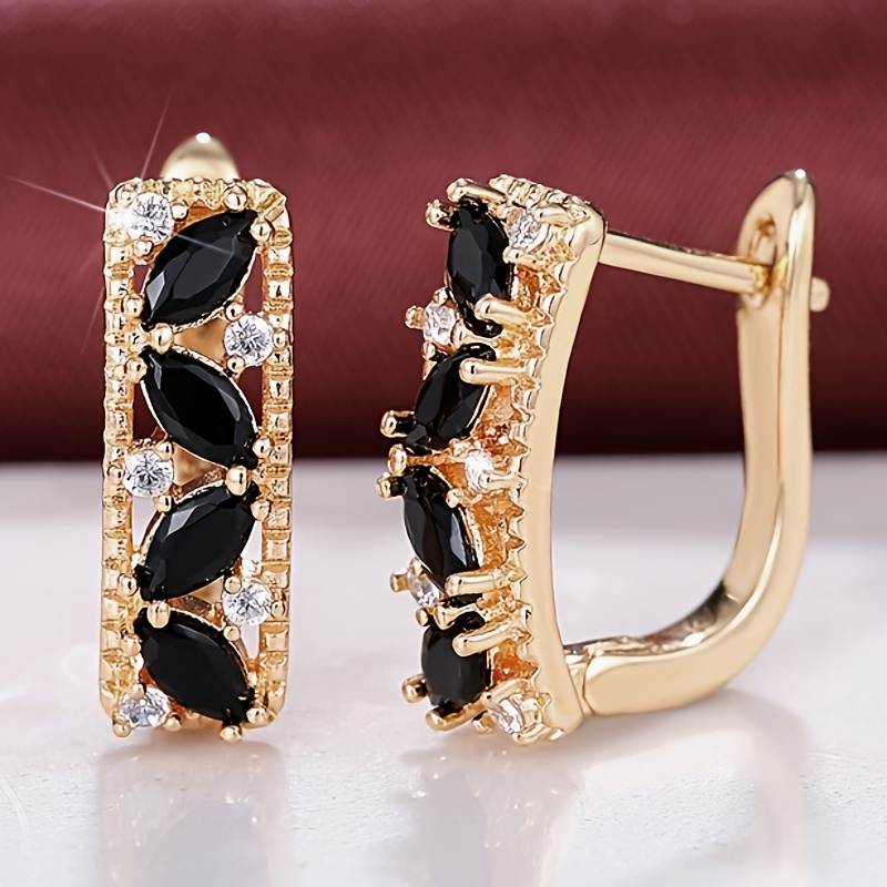 TEMU Elegant Golden Hoop Earrings With Stunning Black Zirconia, Women To Wear At Parties, Holidays, Or Daily Occasions