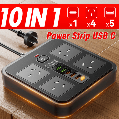 powerboard usb 10in1 power strip usb c power board protector with 4 outlets 1 8 meter power extension cord with 1 usbc 5 usb 2500w protection wall mountable for home office