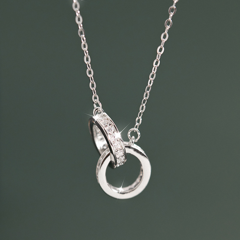 TEMU Double Ring Necklace S925 Pure Silvery Women's Trendy, Light Luxury, Niche Design, Circular Collarbone Chain, Interlocking Chain, Strong Chain