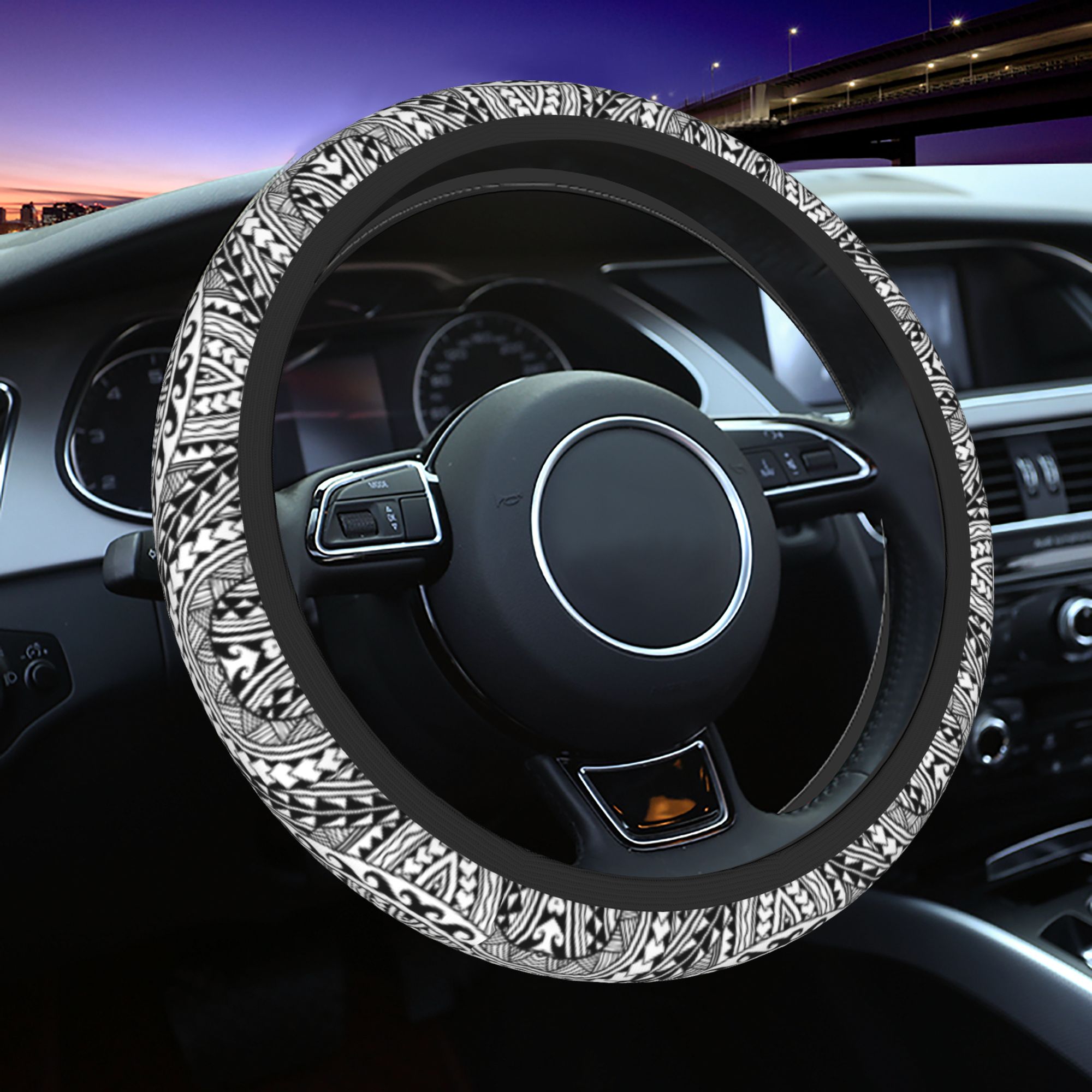 TEMU 1pc Hand Drawn Polynesian Tribal Steering Wheel Cover Decorative Steering Breathable Non-slip Use Car Interior Accessory For Suv Truck Vehicle