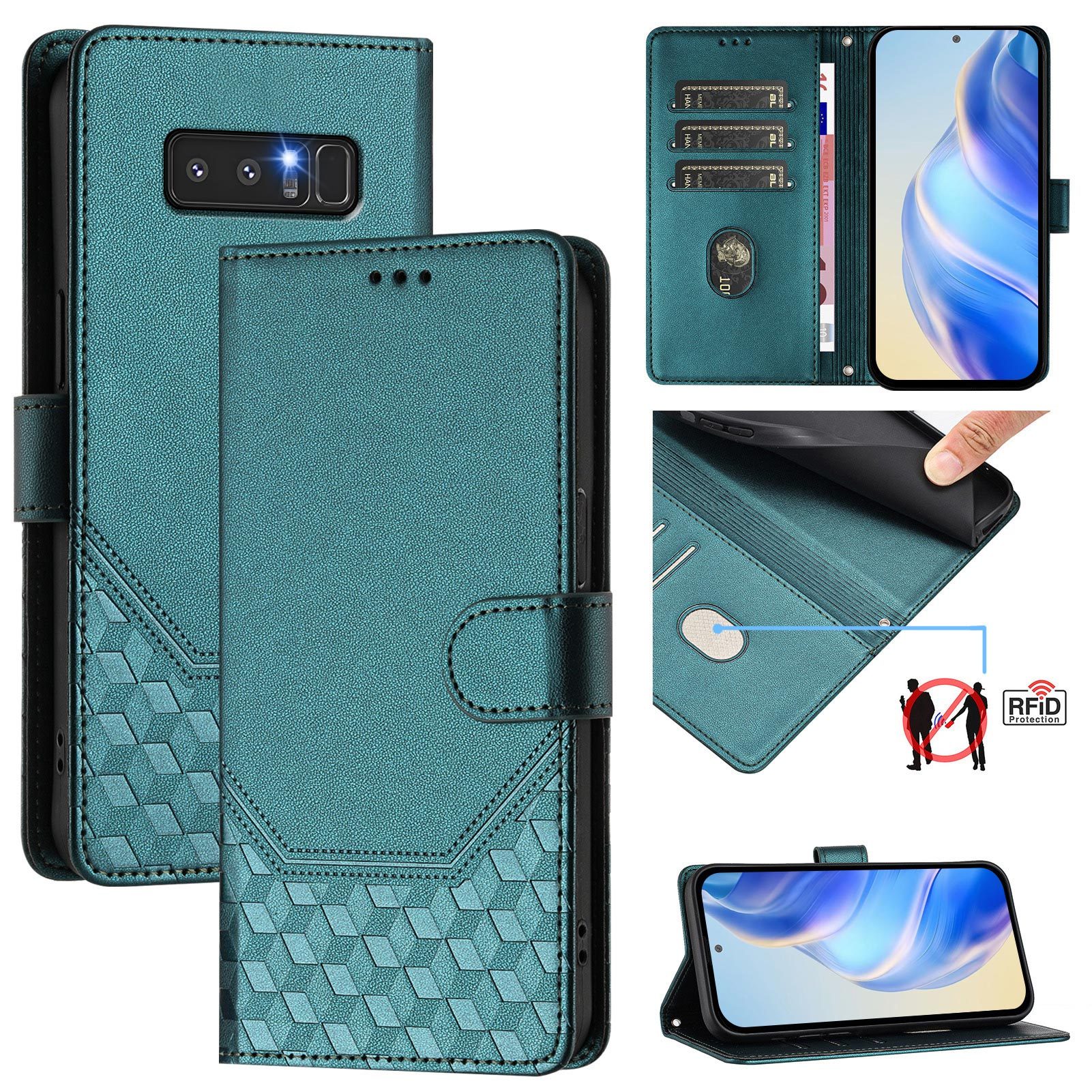 phone case synthetic leather phone case with black lanyard suitable for samsung galaxy note 8 honeycomb embossed protective case with 3 card slots and 1 cash slot wallet case magnetic flip cover with stand features rfid blocking anti theft