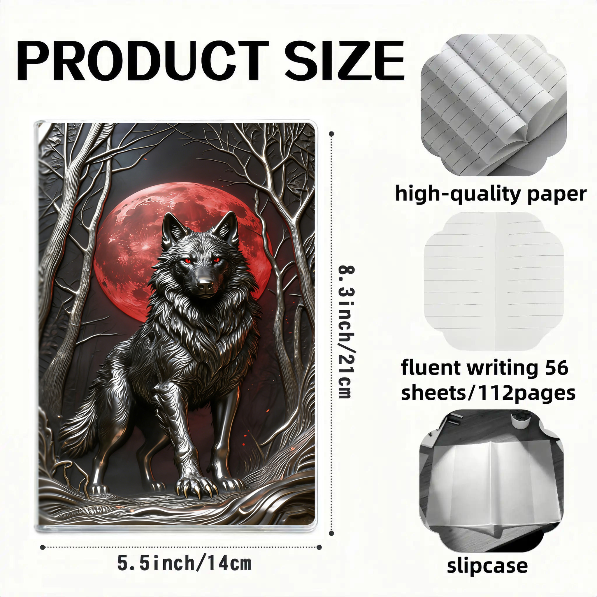 E-shop 1 Flache 2D Metall Roter Wolf Notizbuchhülle: Metall Design Hülle, Enthält Hochwertige Innenseiten | Horizontale Innenseiten, Geeignet für