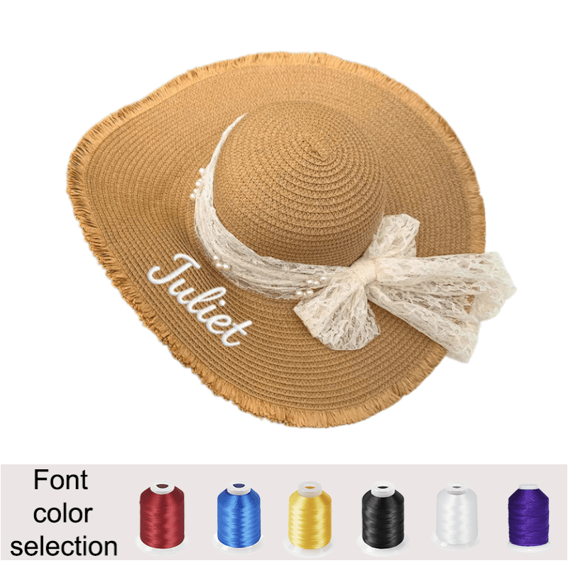 TEMU 1pc Customizable Embroidered Name Text Lace Straw Hat Women's Summer Bow Large Brim Ladies Sunshade Sunscreen Outdoor Bow Straw Hat Outing Beach