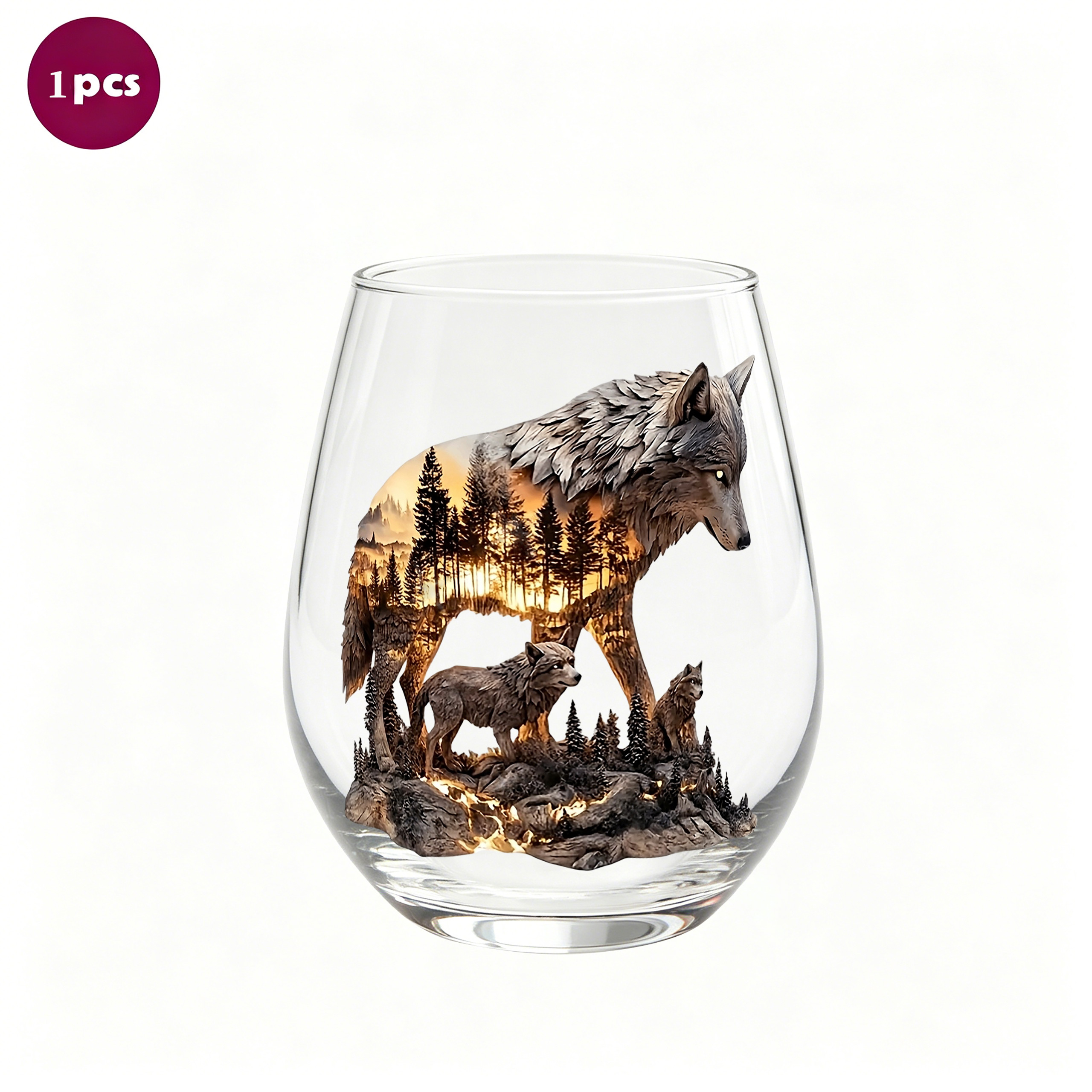 TEMU 1-pack / Realistic Full-body " Wolf In The " Pattern, 350ml / Transparent Drinking Glass, Stemless Wine Cup, Egg-shaped Glass, Champagne And