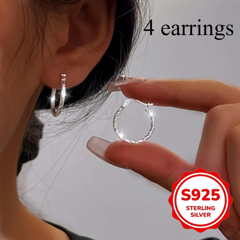 TEMU 4pcs 925 Silvery Round Earrings For Women, Easy Geometric Twist Round Earrings, Earrings Jewelry Is A Surprise Gift For Christmas Valentine's