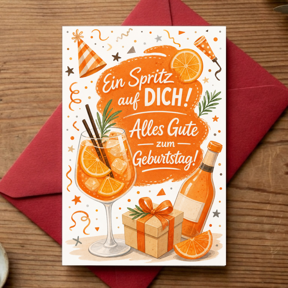 Image of Festive Birthday Greeting Card With Envelope Included For Adult Recipient Featuring Orange Cocktail And Gift Vibrant Graphic Pattern For Celebration