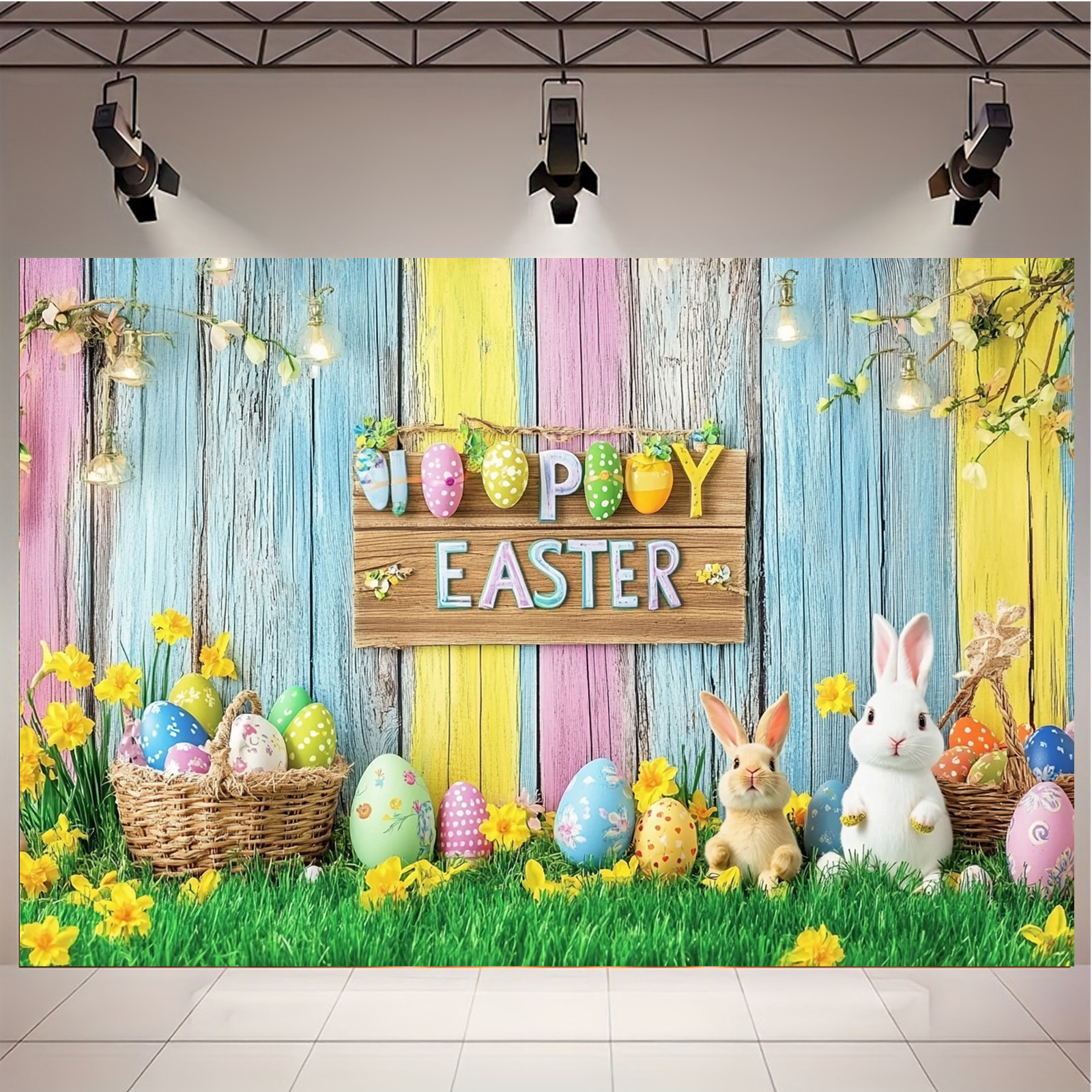 

1pc Easter Bunny And Egg Backdrop, Rustic Wood Wall & Flowers, Polyester Spring Photography Background Cloth, No Electricity Needed, Versatile Party Banner For Birthday & Tailgating