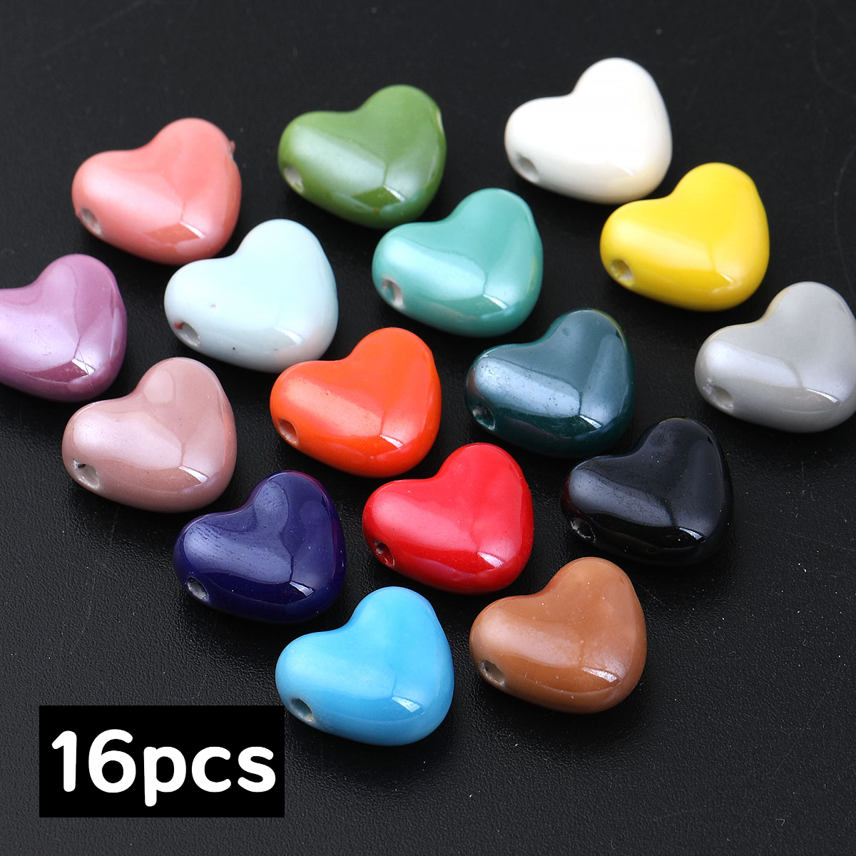 TEMU 16pcs Random Color Ceramic Horizontal Holes Cute Love Shape Bohemian Loose Spacer Decoration Beads Charms Glossy For Jewelry Making Pendant,
