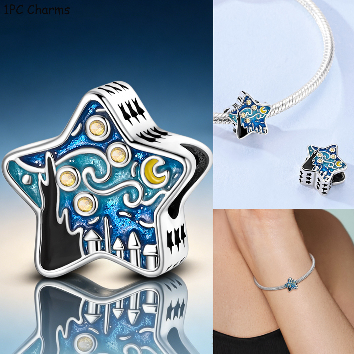 TEMU Classic French Style Enamel Pentagram Starry Sky Bracelets Charms Women's Fashion Jewelry Diy Bead Pendant Daily Accessories Wear Jewelry And