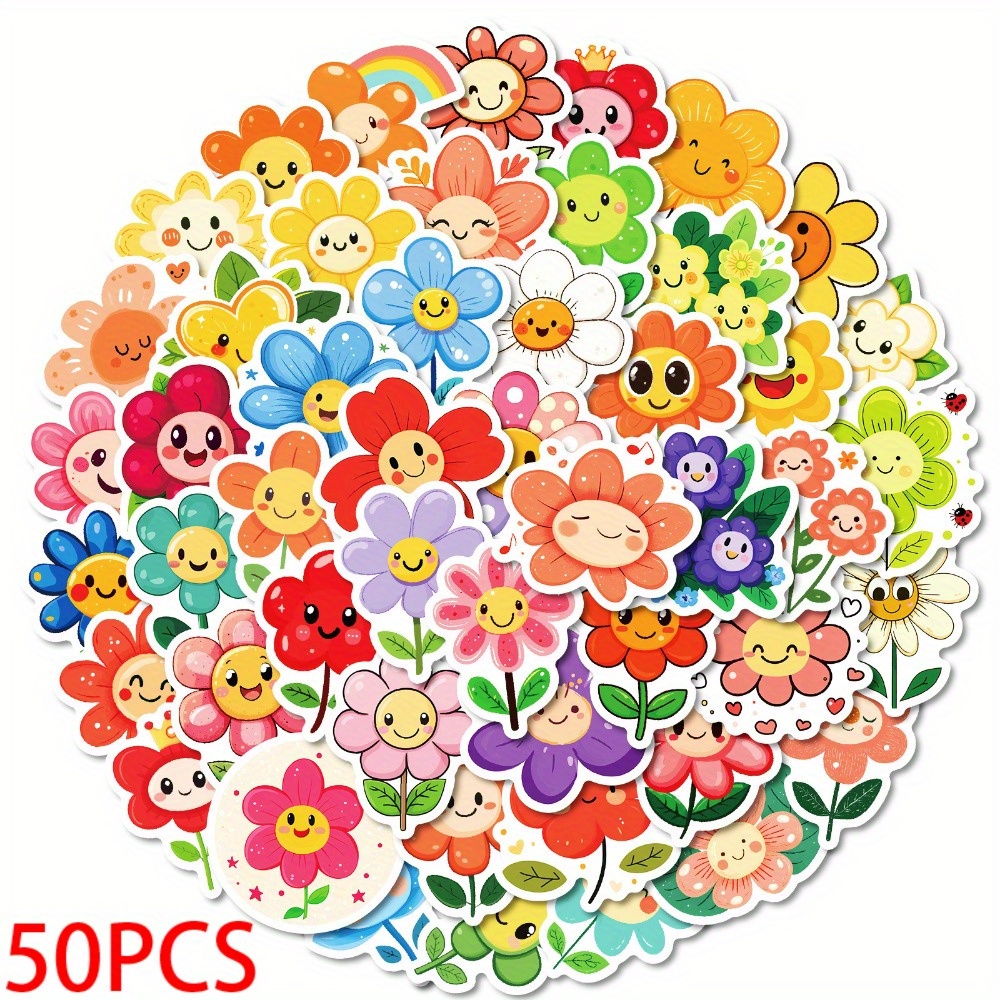 Image of 50pcs Cartoon Colorful Face Flower Stickers, Suitable For Scrapbooking, Journals, Laptops, Water Bottles, Cars And More With Positive Messages Summer Gift