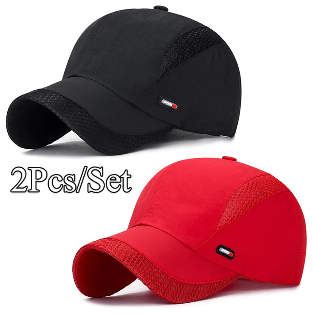 Image of 2pcs Men's Lightweight Breathable Baseball Cap Set - Adjustable Outdoor Sports Duckbill Cap, Black And Red With Mesh Backing, Casual Hat | Fashionable Hat