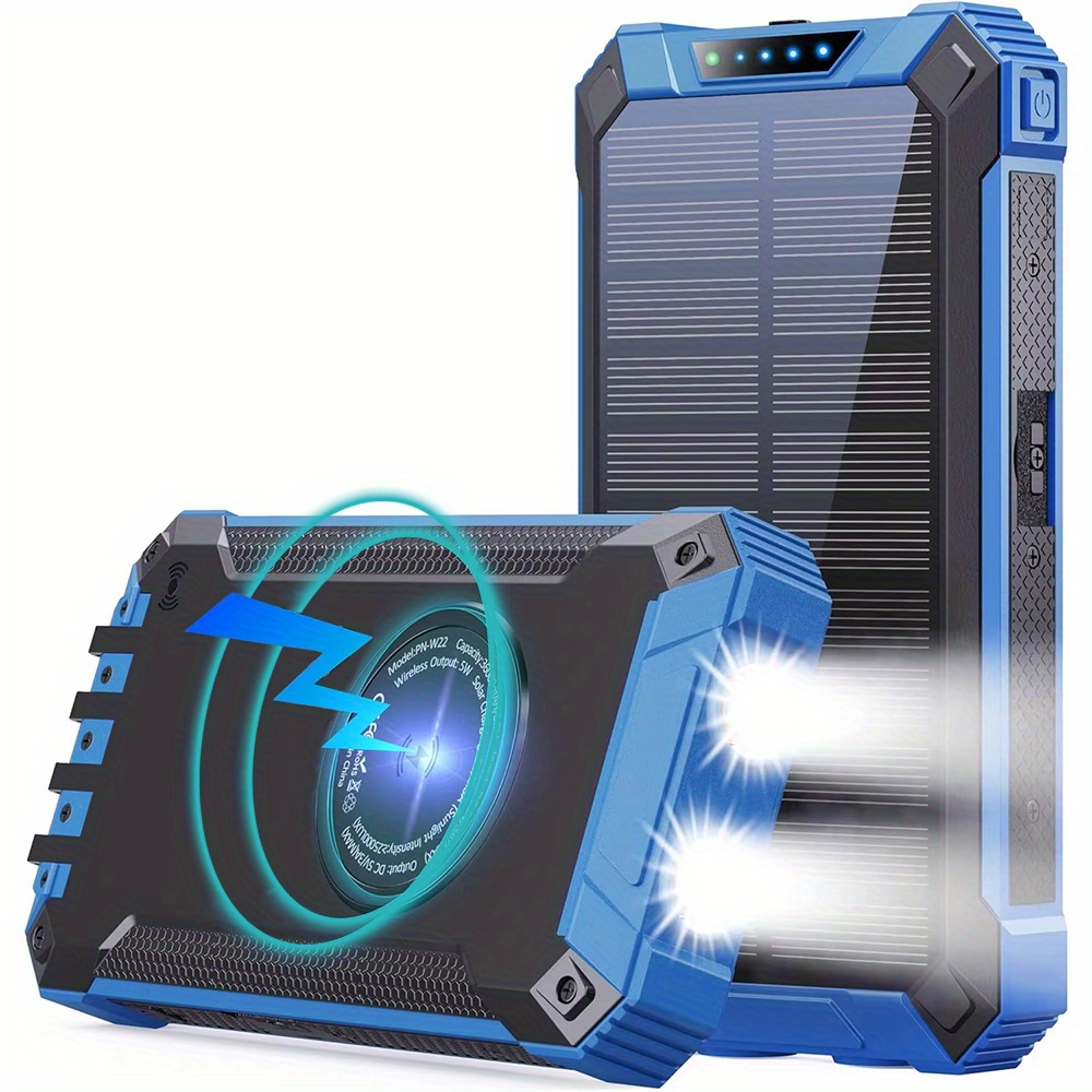 TEMU 46800mah Solar Charger Solar Power Bank Wireless Charging, With 4 Built-in Cables External Battery Pack With Usb C For Cell Phones, Solar Panel