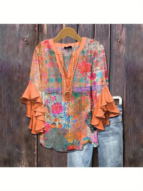 plus size plus size womens elegant shirt with blue green for lotus leaf sleeves v neck loose fit floral geometric top breathable machine washable fabric style for vacation daily wear sizes 0xl 6xl summer apparel blouse relaxed fit textured fabric travel clothing stylish blouse
