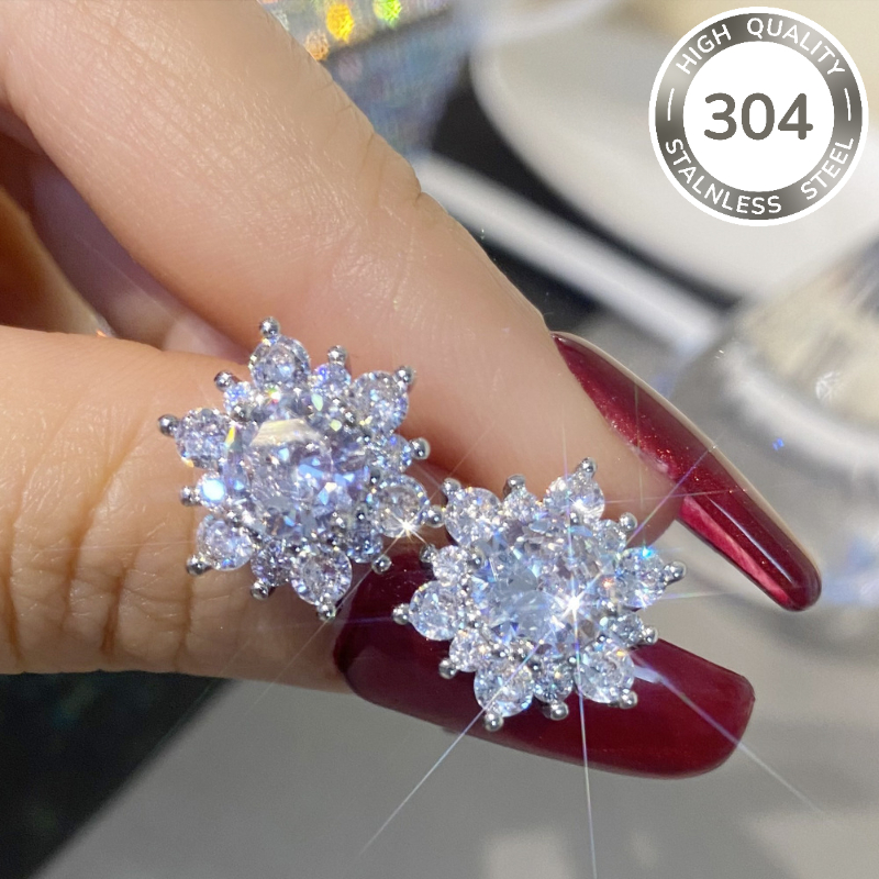 TEMU A Pair Of Women' Luxury 304 Stainless Steel Inlaid Synthetic Synthetic Zirconia Ultra-sparkling Snowflake Stud Earrings - Perfect For Daily Wear
