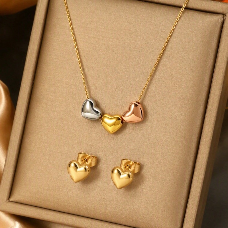 TEMU 1 Set Of Fashion Stainless Steel Women's Jewelry, Including Heart Pendant Necklace And Earrings, Suitable For Daily Wear, Dates, Or Gifting