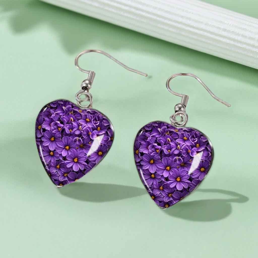 TEMU 1 Pair Purple Floral Heart Pendant Earrings - Classic Floral Style Exquisite Jewelry Gift Men's Ear Jewelry