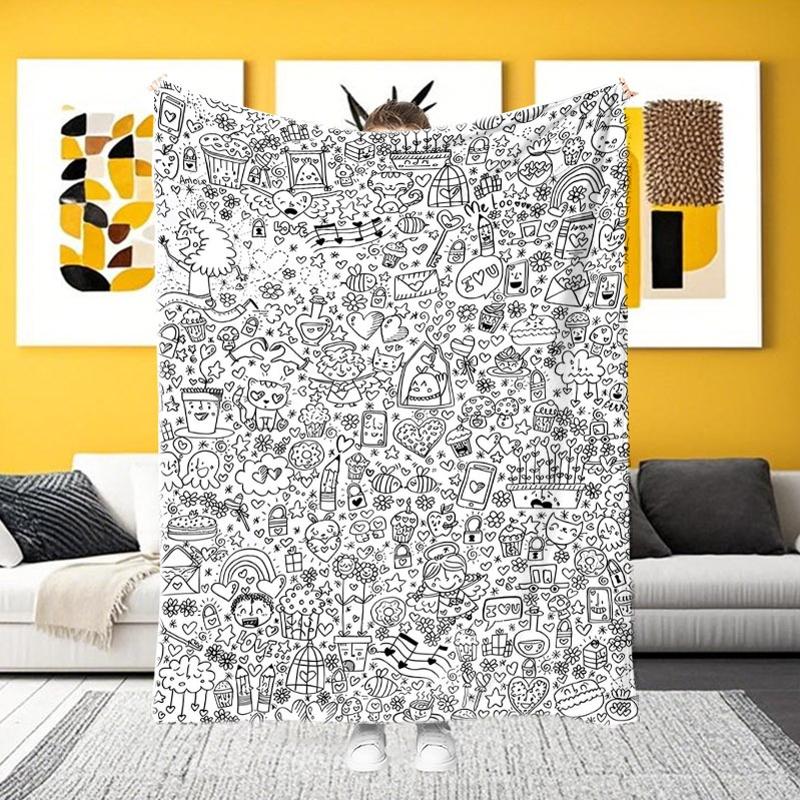 TEMU Small Blanket With Cute Doodle Pattern, In Multiple Colors And Sizes, Ideal For Napping Or Home Decor. Soft And Comfortable Material, Adds A