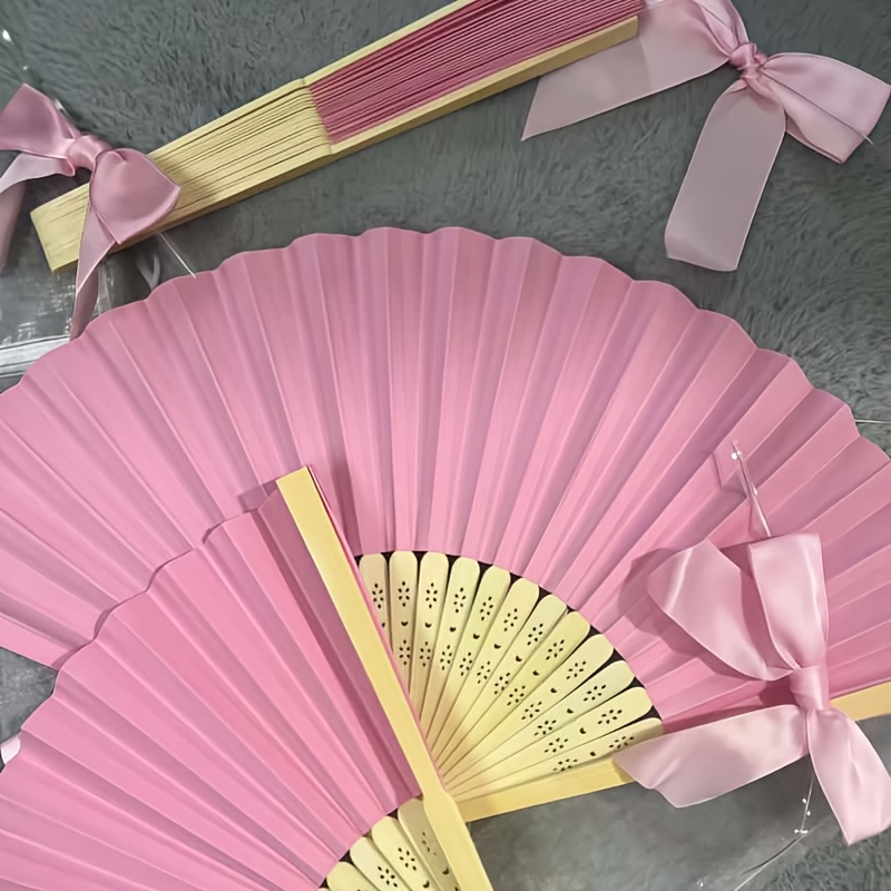 TEMU Personalized Engraved French Country Wedding Pink Paper Fans, 45pcs Set (includes 15 Fans, 15 Bows, 15 Gauze Bags) - Custom Pink Wedding Favors,