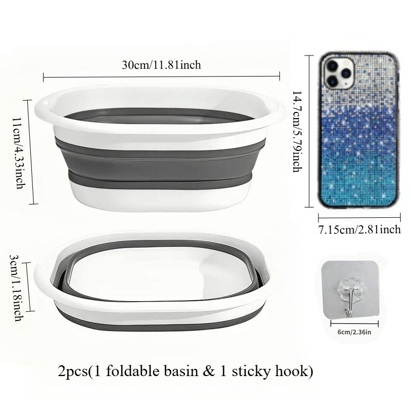 TEMU 2pcs Foldable Wash Basin Set Including (1pc Large Foldable Sink And 1pc Adhesive Hook) - Space-saving, Durable Plastic, Portable, Suitable For