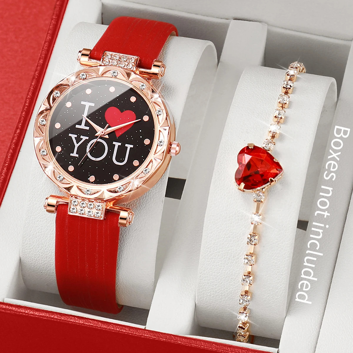 TEMU 2pcs Women's Watch & Jewelry Set With Sparkling Heart Dial, Pu Strap Quartz Watch, Matching Bracelet - Elegant Gift Set For Wedding, Party,