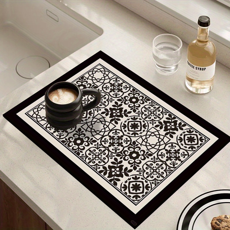 TEMU 1pc, Classic Geometric Pattern Absorbent Placemat, Background With A Main Design Of Intricate Black Geometric Lines And A Wide Black Border.
