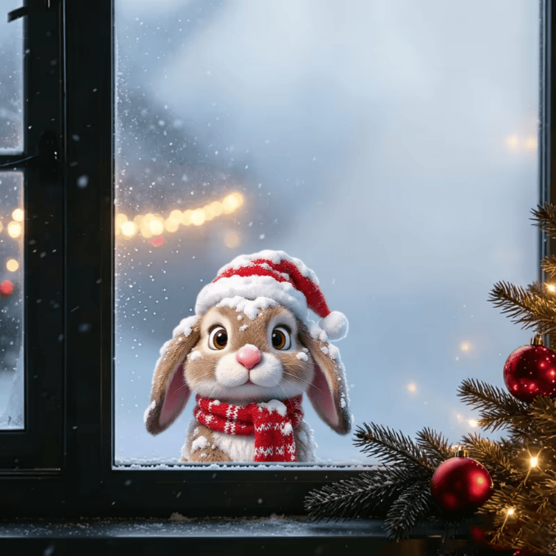TEMU 2d Flat, Window Sticker, 1pc 2d Flat Home Christmas Decoration Window Decal, Removable Window Sticker, Decoration, Rabbit With Santa Hat And Red