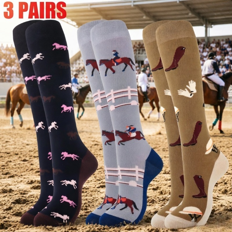 TEMU 3-pair Quazilli Unisex Western Horse & Over-the-knee Socks - Jacquard Horse-themed Stockings, Stretchy Breathable Suitable For Riding, Ranch,